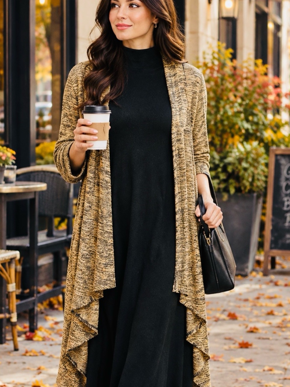 Haani Open-Front Marled Cardigan in Tan and Black